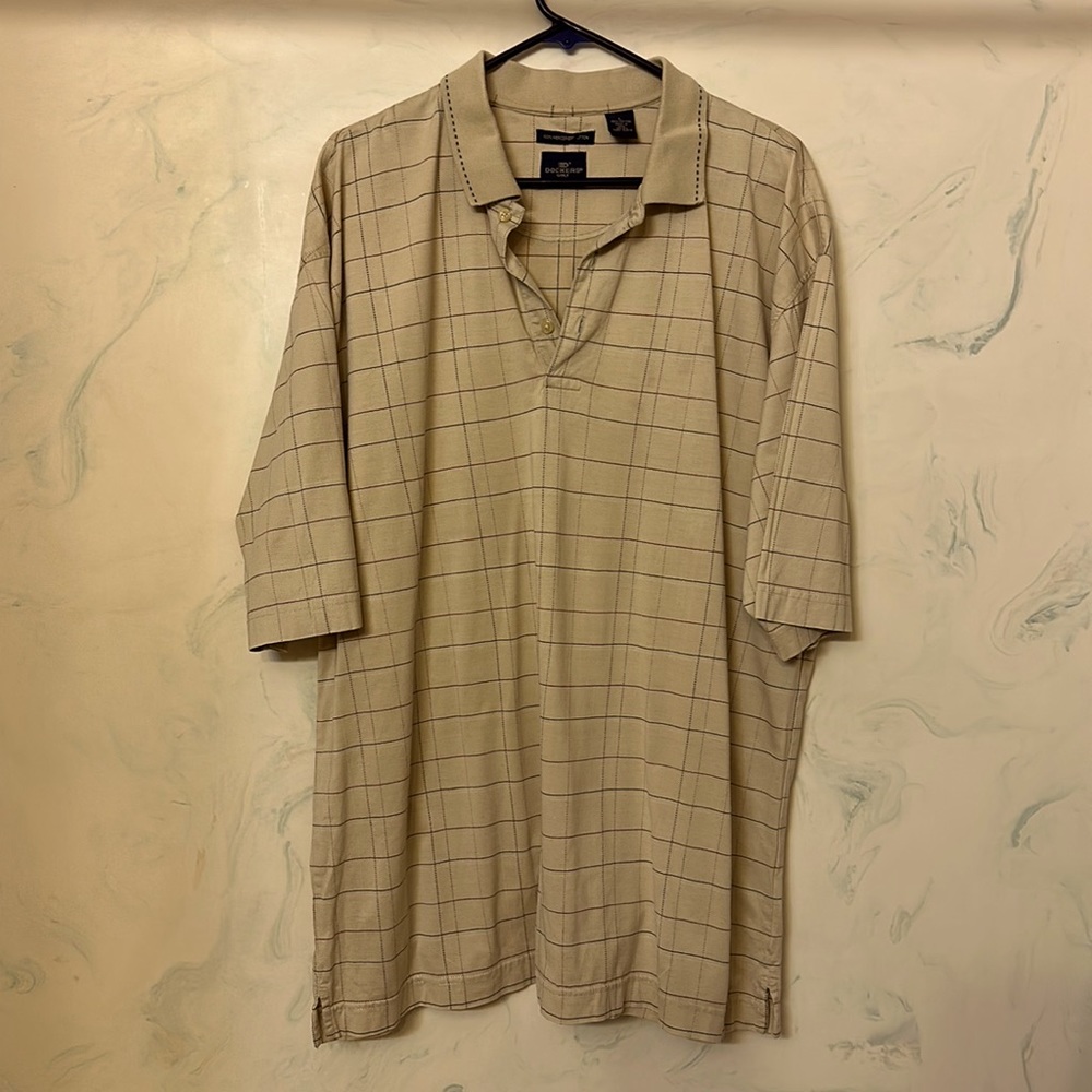 Dockers polo shirt brown plaid, very roomy large, I would call it XL or even XL